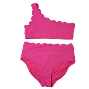 Old Navy Girls Hot Pink Scalloped One Shoulder High Waist Bikini Set LG 10-12